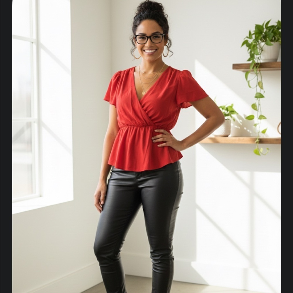 A New York Red Surplice Wrap Front Peplum Blouse - XS